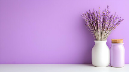 Lavender bouquet in vase, purple background, minimalist decor, home design