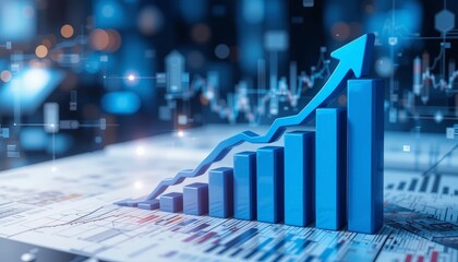A vibrant blue bar graph with an upward trend, against a digital background, symbolizing growth and success. Ideal for business presentations and financial reports.
