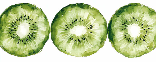 Fototapeta premium Watercolor Kiwi Slices, White Background, Food Design