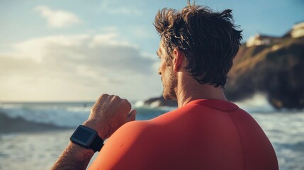 Man Checking Smartwatch After Swim at Beach with Ocean View in Background