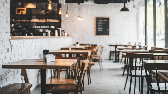 Cafe interior featuring wooden tables and chairs, minimalist design and natural lighting, perfect for dining, social gatherings, or remote work environments.