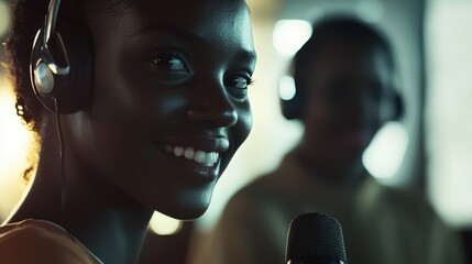 Call center team members engaging in customer service communication, using headsets and microphones, improving client relations and support experience.