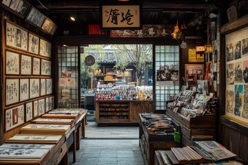Cozy Japanese restaurant interior with traditional decor and wooden furniture