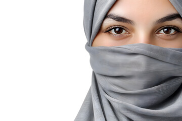Naklejka premium Portrait of muslim woman In Hijab isolated on white backdrop