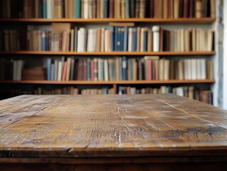 Wooden table in front of a rustic bookshelf filled with old books. Generative AI