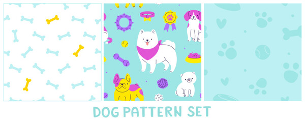 Cute dog pattern set. Seamless vector prints collection with dog supplies.