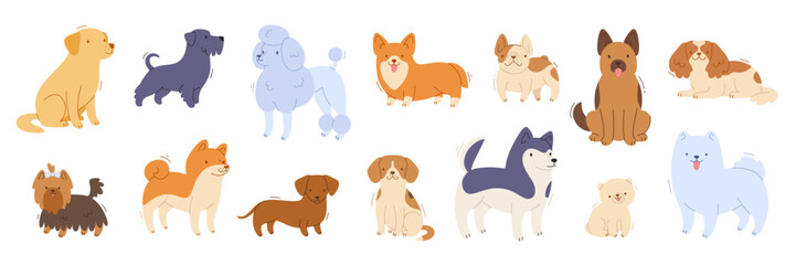 Dog breeds collection. Vector flat dogs set. Cartoon different purebred dogs bundle.