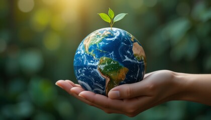 A hand gently holds a small globe adorned with a green plant sprouting from its top, representing care for the planet and promoting environmental responsibility.