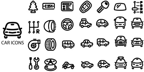 Car simple concept 28 icons set. Contains such vehicle, electric car, transportation, taxi, road, race, automobile and car .Vector illustration.
