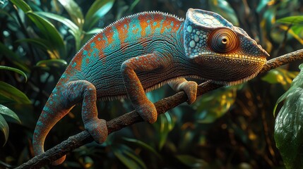 Fototapeta premium Vibrant Chameleon Perched on Branch Amidst Lush Foliage