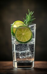 Gin and tonic glowing under fluorescent light with lime and rosemary garnish