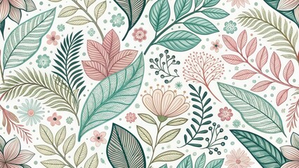 Vintage Spring Foliage Line Art: Abstract Organic Pattern, Botanical Illustration, Retro Design, Nature Artwork
