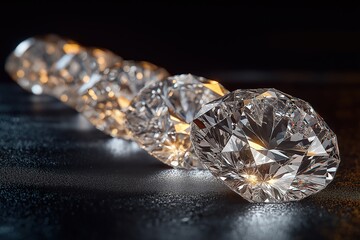 Row of sparkling diamonds increasing in size showing growth on black background