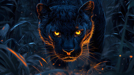 Majestic Black Panther in Mysterious Jungle with Intense Glowing Eyes
