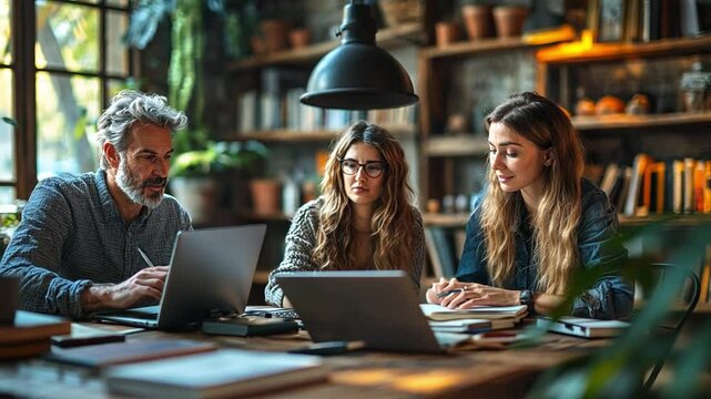 Brainstorming Session: A productive team engages in focused work around a wooden table, their laptops open, surrounded by books and lush plants.