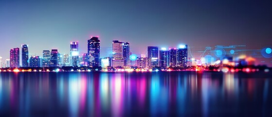 Fototapeta premium City skyline at night with illuminated buildings reflecting on water, showcasing urban life, nightlife, and architectural beauty in a vibrant metropolis.
