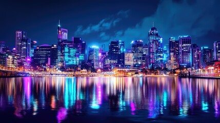 Fototapeta premium City skyline at night with vibrant lights reflecting on water, showcasing urban architecture and a modern lifestyle in an illuminated metropolis.