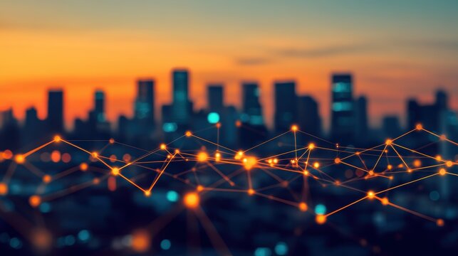 City skyline at sunset with abstract network connection. Urban landscape reflects digital technology in finance, data exchange, and business innovation.