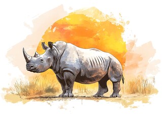 Fototapeta premium White Rhinoceros in African Savanna at Sunset. Possible Use Nature Stock Photo