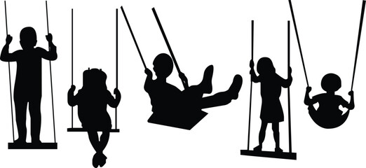 Kids sitting on swings on white background vector silhouette,Kids on swings