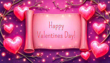 Valentines Day card with pink scroll surrounded by glowing hearts, delicate branches, and congratulation text Happy Valentines day. Ideal for Valentine's Day messages, or love notes