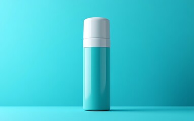Teal cosmetic bottle on turquoise background