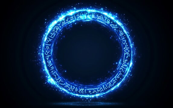 Abstract glowing circle, mystical runes, dark background, digital art, graphic element