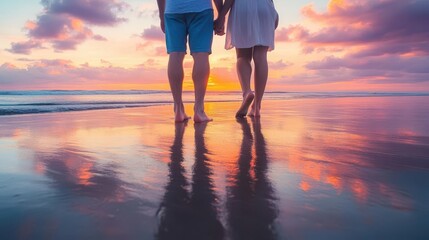 Romantic barefoot stroll on the beach for newlyweds, vibrant sunset reflecting on the water, intimate moment captured
