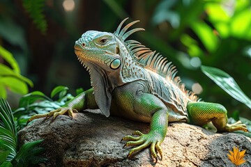 Fototapeta premium Green Iguana Resting On A Rock In Lush Greenery