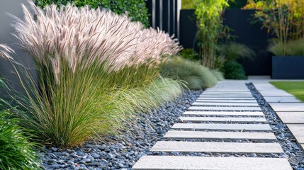 A tranquil garden pathway lined with elegant ornamental grasses and stepping stones, creating a serene outdoor space for relaxation and contemplation