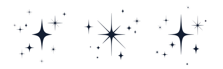 Stars set, sparkle icons collection. Set star abstract shapes. Template for design poster, card, banner. Vintage graphic set of star, light rays. Hand drawn design elements. Vector Illustration