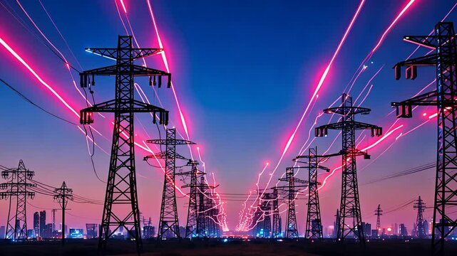 High-Voltage Power Lines and Transmission Towers at Dusk with Electric Energy Flowing Across the Grid in a Cityscape


