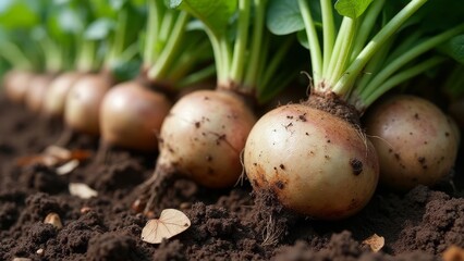 Rows of Freshly Harvested Turnips in Rich Soil Ready for Market