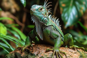 Fototapeta premium Green Iguana Reptile Posing on Rock in Lush Forest