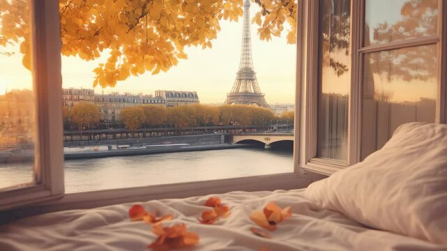 Cozy autumn morning view from Paris apartment window with Eiffel tower. Travel for Valentine's Day. French holiday