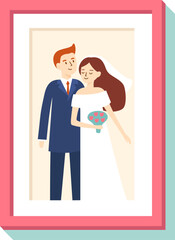 Wedding portrait showing groom wearing blue suit and bride in white dress holding bouquet inside picture frame, vector illustration in simple cartoon flat style