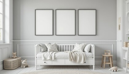 Cozy and Minimalist Living Room Design Featuring Blank Frames and Neutral Color Palette with Soft Textures