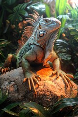 Naklejka premium Green Iguana Resting on Rock in Lush Tropical Foliage