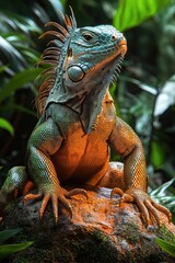 Fototapeta premium A Vibrant Green And Orange Iguana Perched On A Rock