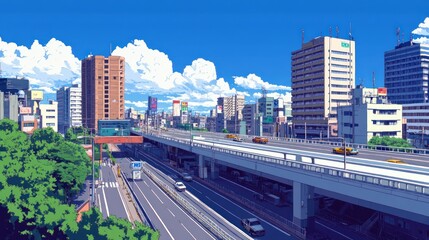 Naklejka premium Animated city view with traffic on overpass. Background shows buildings. Use stock