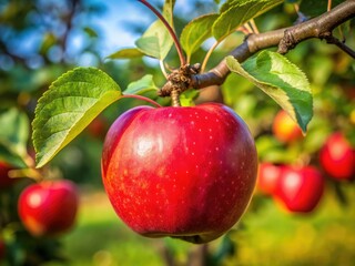A vibrant red apple branch, artfully captured using the rule of thirds, bursts with garden freshness.