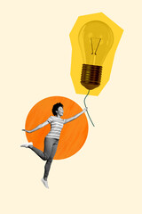 Trend image vertical photo collage of happy american girl hold light bulb development idea blackout...