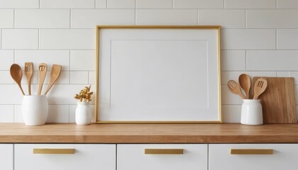 Modern Kitchen Countertop with Wooden Utensils and Empty Frame for Art Display in Minimalist Decor Style