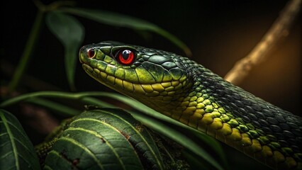 Fototapeta premium Dark green black snake hiding under leaves