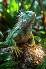 Fototapeta premium Green Iguana Basking on a Rock in Lush Tropical Foliage
