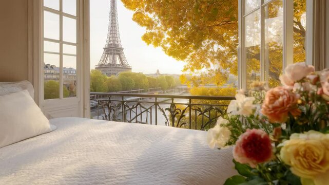 Romantic Paris hotel room view with Eiffel Tower at golden sunset, roses and white bedding. Valentines day, honeymoon suite, Wedding anniversary luxury interior