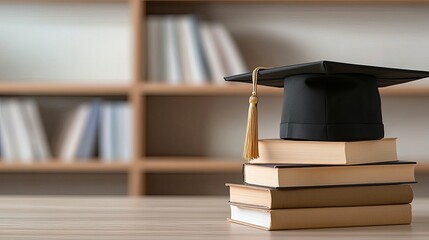 Graduation cap is placed on top of books against an American flag background, celebrating educational achievements in the United States