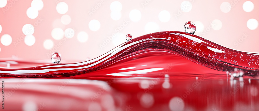 Aufkleber Flowing Red Liquid with Droplets and Bokeh Background for Abstract Visuals in Design and Advertising