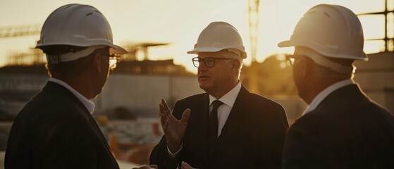 Construction site meeting with business leaders and engineers discussing project plans and safety standards under sunset, wearing hard hats and formal attire.