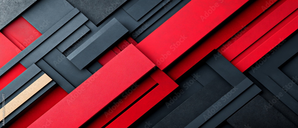 Poster abstract composition of geometric shapes in black, red, and beige colors creating a modern artistic 